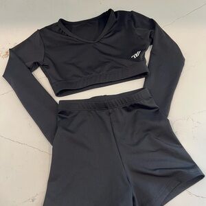 Varsity Black Long Sleeve v-neck Crop Top and High-Waist Shorts Set